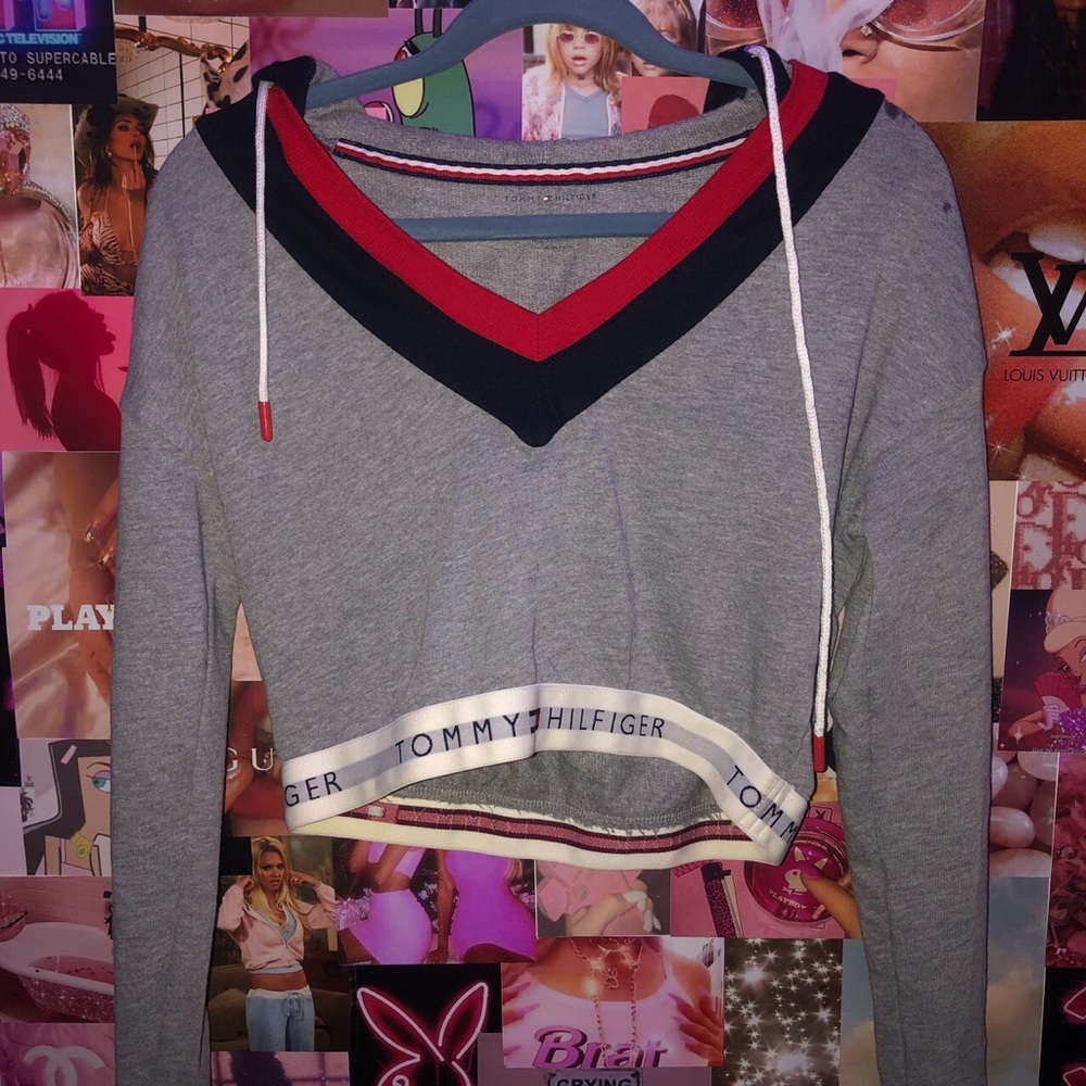 Tommy Hilfiger Gray Cropped V-Neck Sweater with Red & Navy Trim